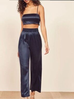 Reformation Navy Satin High-Waist Wide-Leg Pants